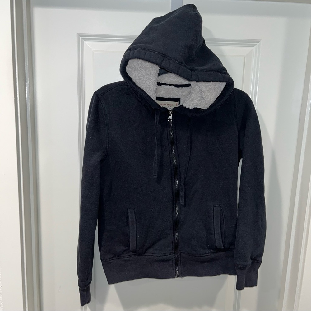 Anchor Blue Zip Hoodie Sz youth M Black sherpa Lined Front Zipper front pocket